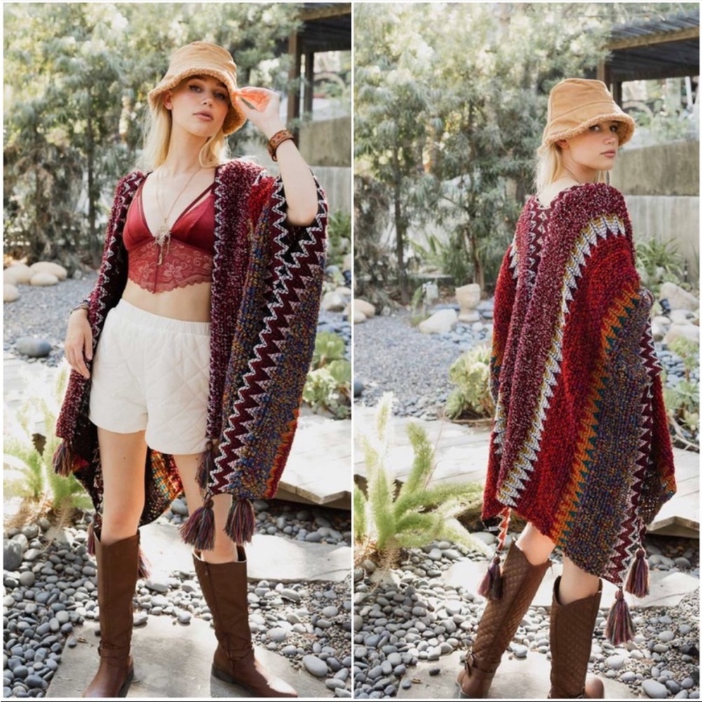 Boho Multicolor Crochet Tassel Hem Poncho